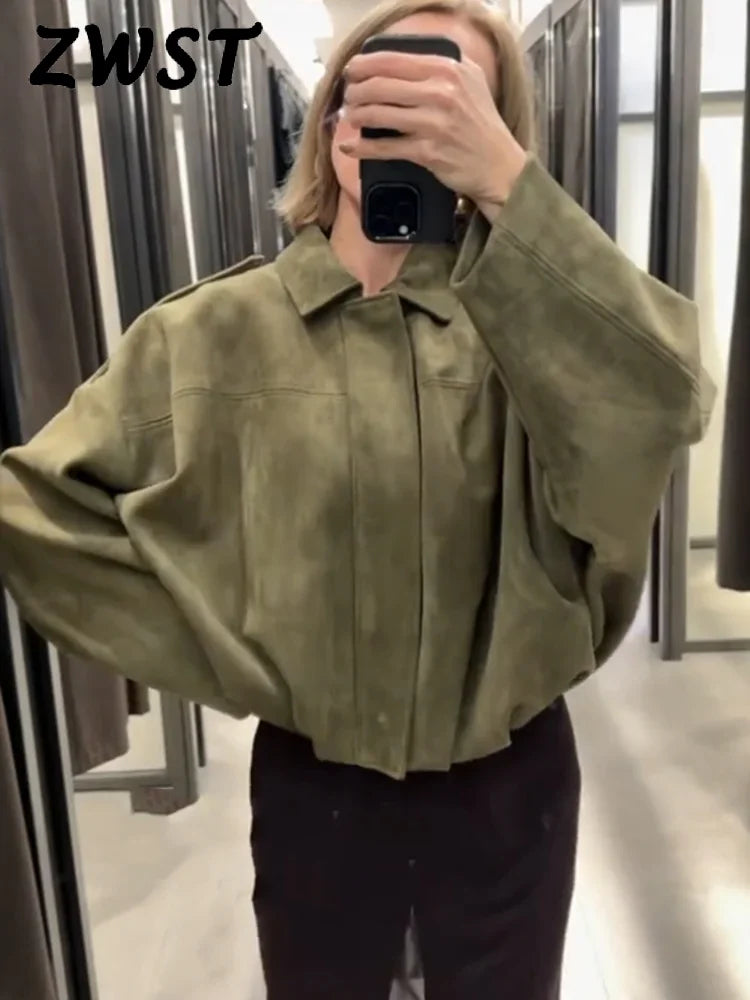 Green Suede Bomber Jacket for Women