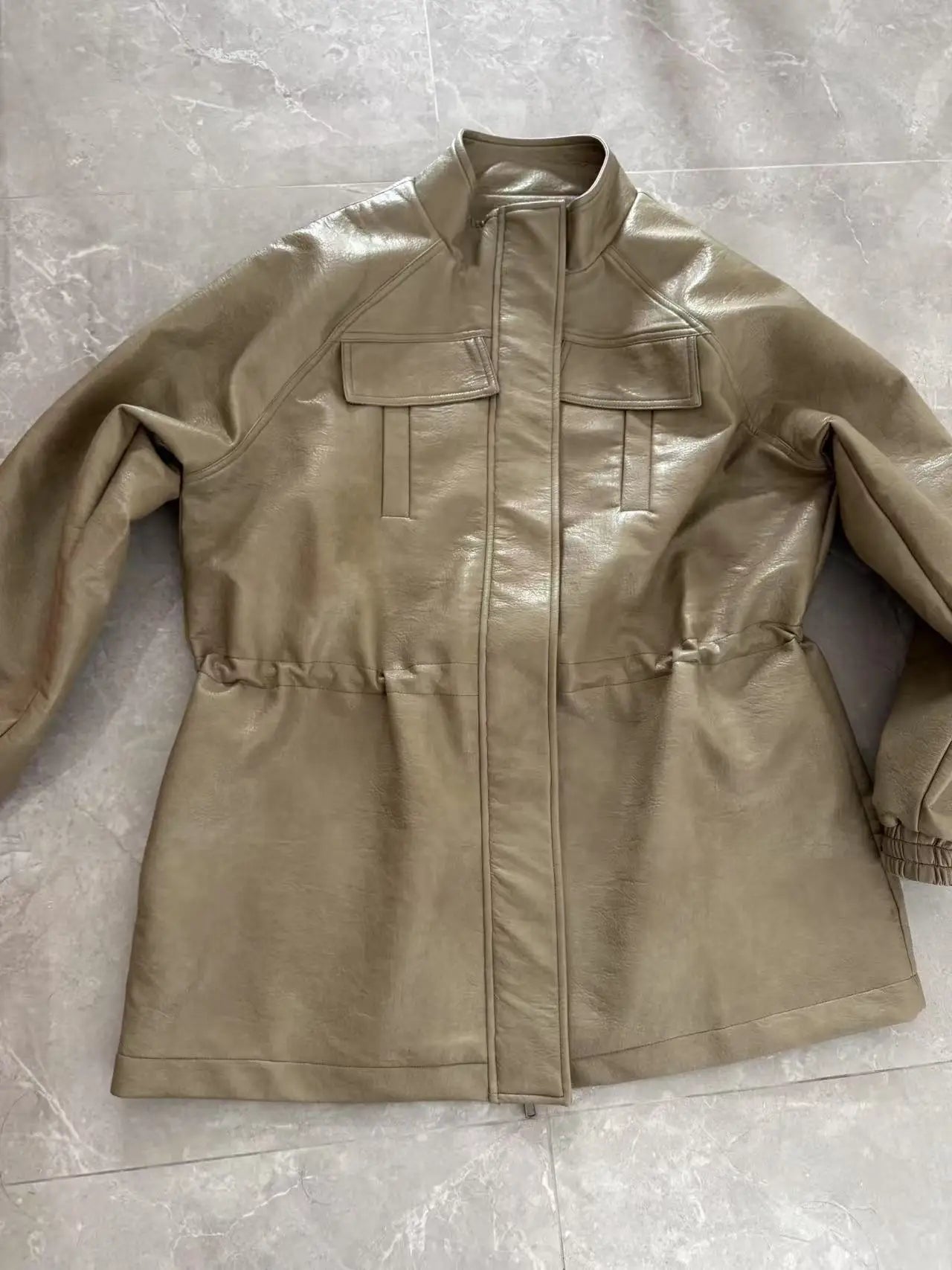 Women's Faux Leather Jacket with Adjustable Waist