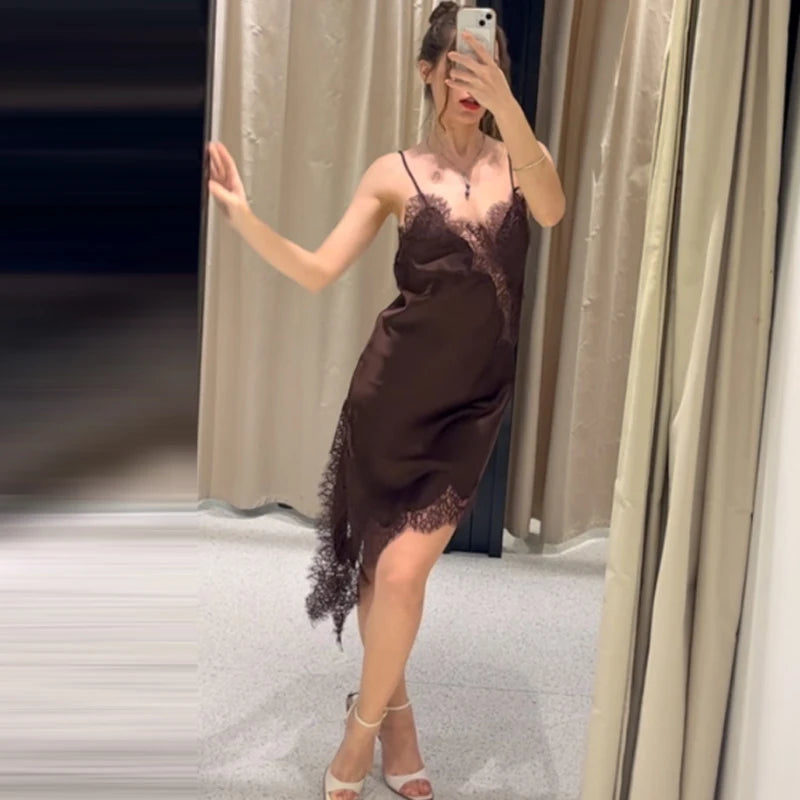 Women’s Brown Lace Slip sleeveless Dress