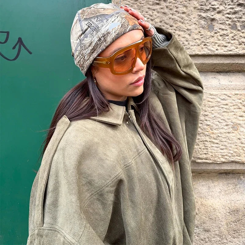 Green Suede Bomber Jacket for Women