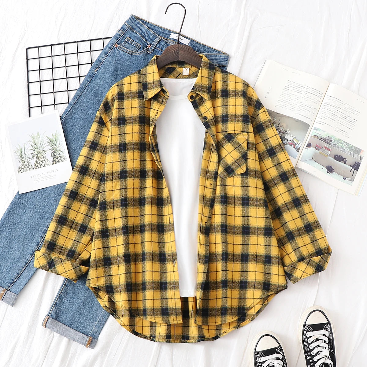 Women's Long Sleeve Checked Blouse