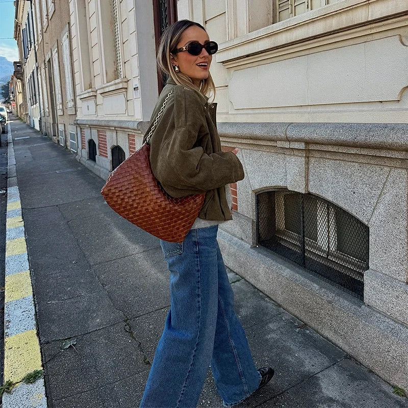 Green Suede Bomber Jacket for Women