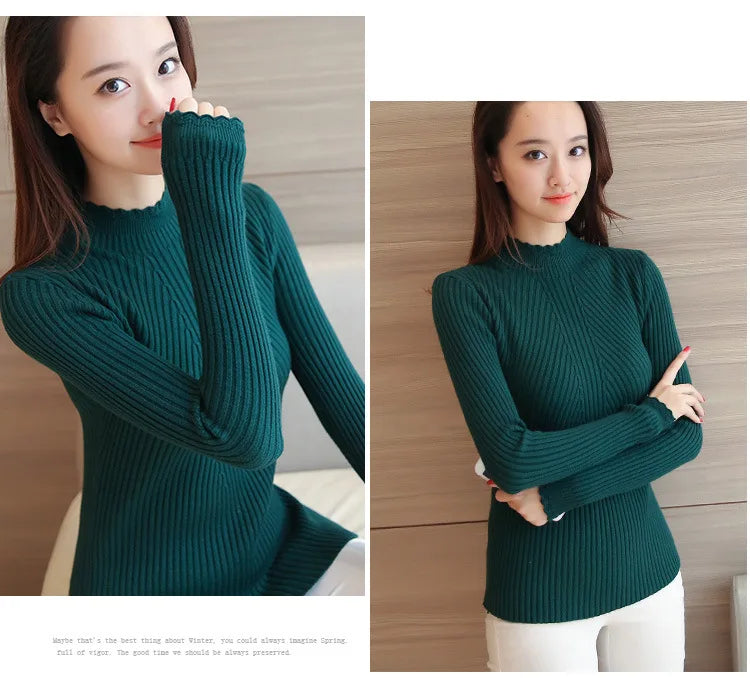 Women's Mock Neck Knit Sweater – Ruffle Detail, Long Sleeve Casual Pullover