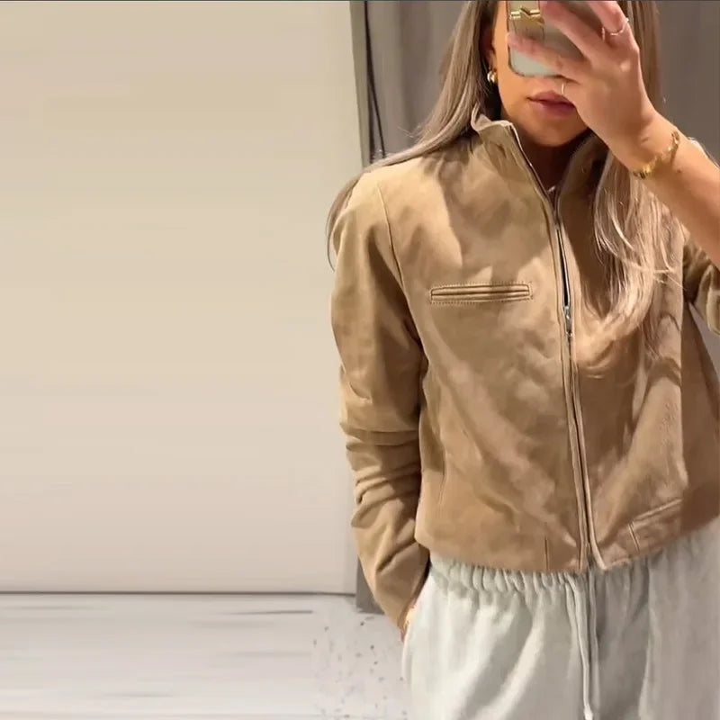 Green Suede Bomber Jacket for Women