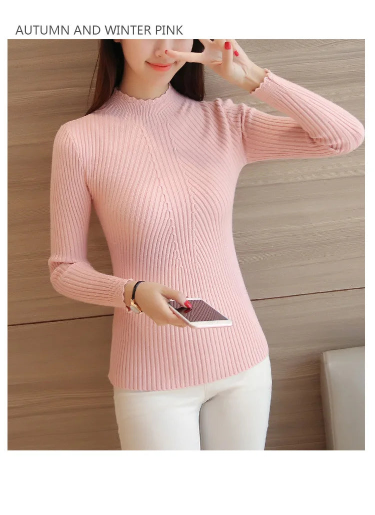 Women's Mock Neck Knit Sweater – Ruffle Detail, Long Sleeve Casual Pullover