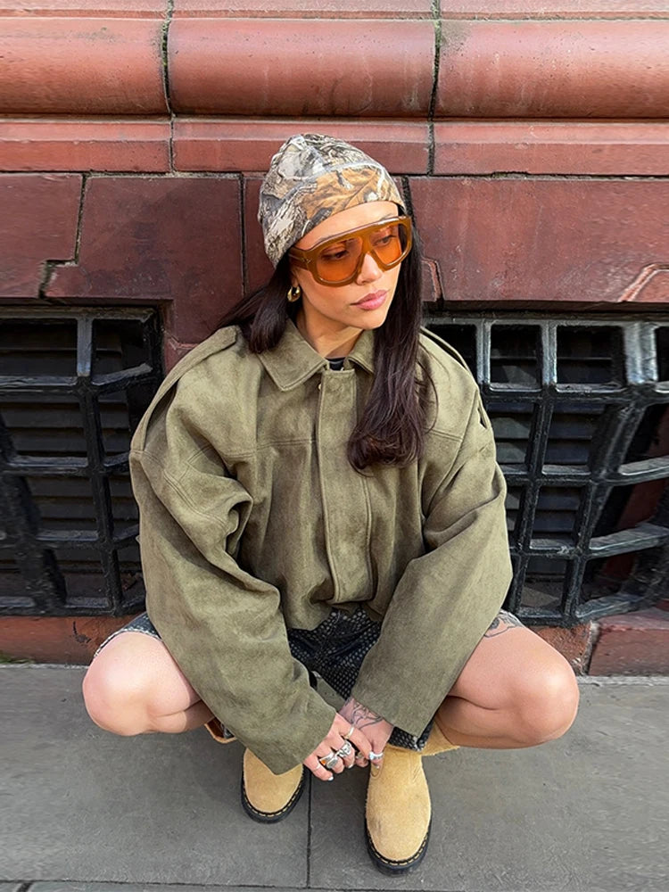 Green Suede Bomber Jacket for Women