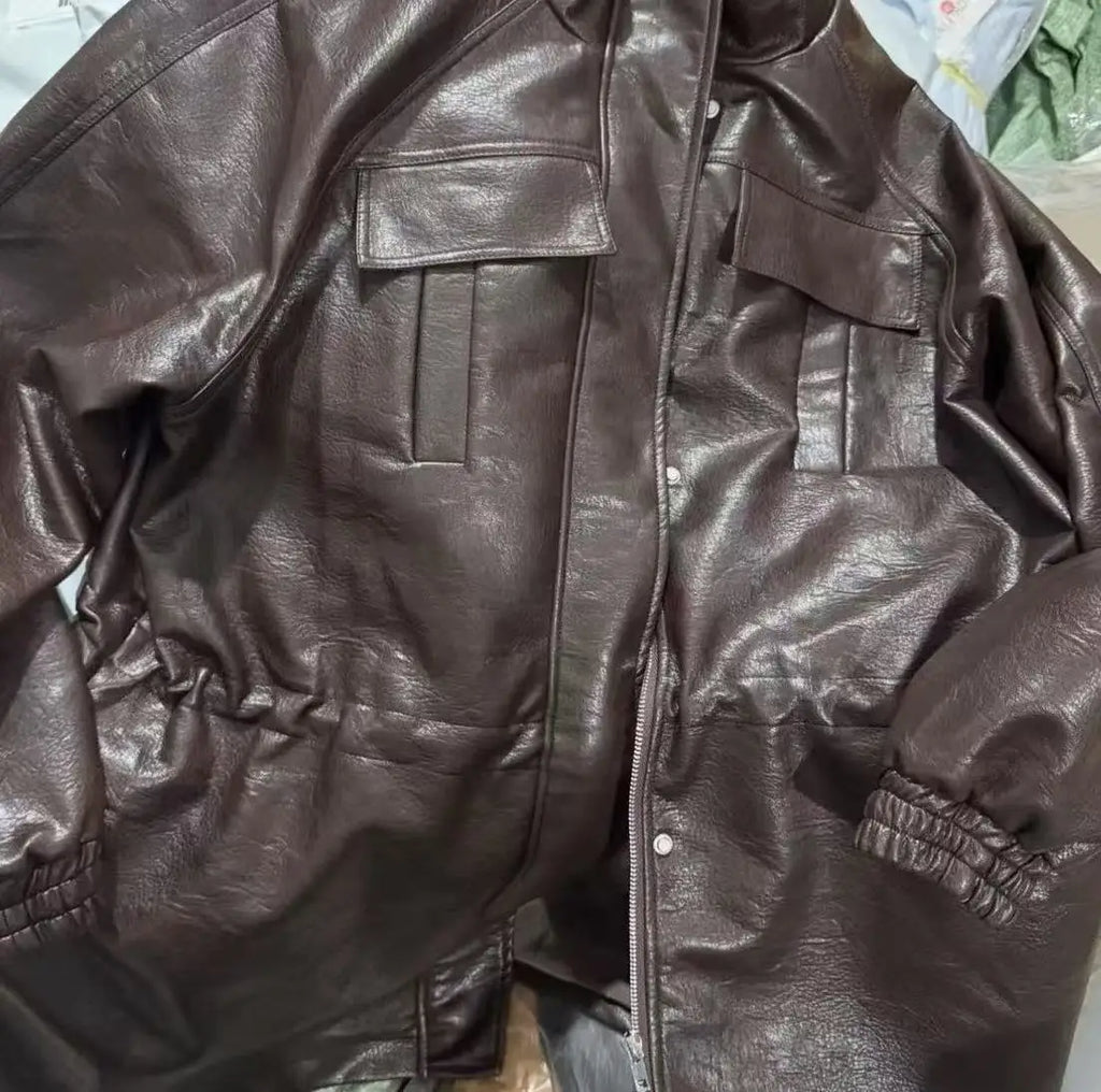 Women's Faux Leather Jacket with Adjustable Waist