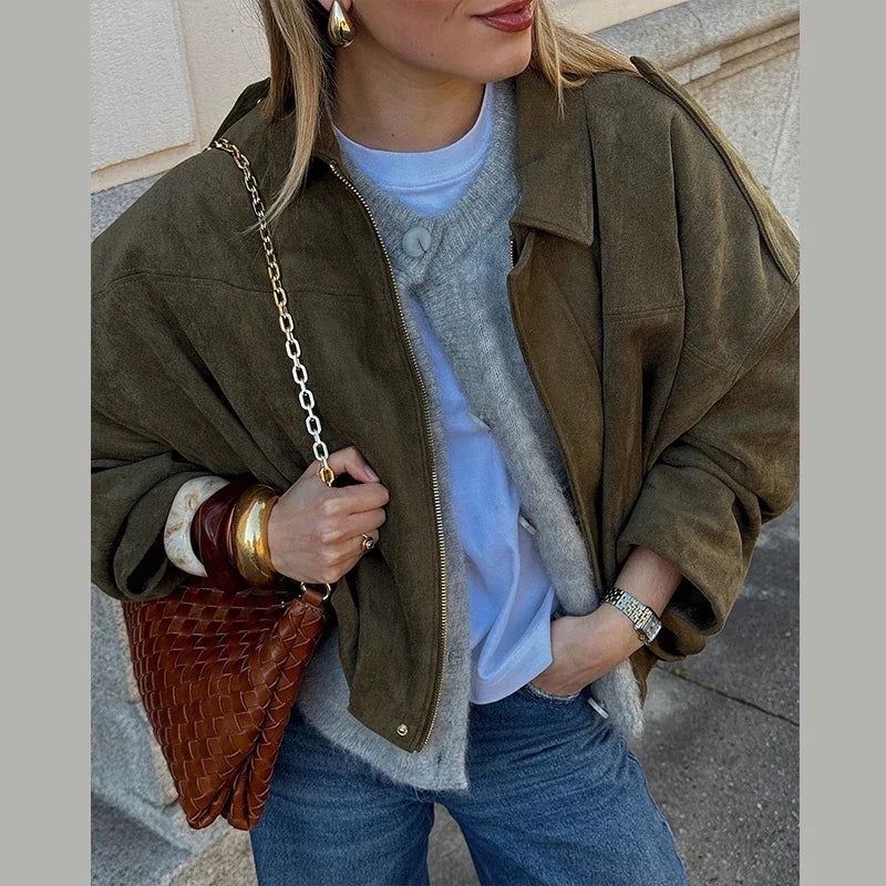 Green Suede Bomber Jacket for Women