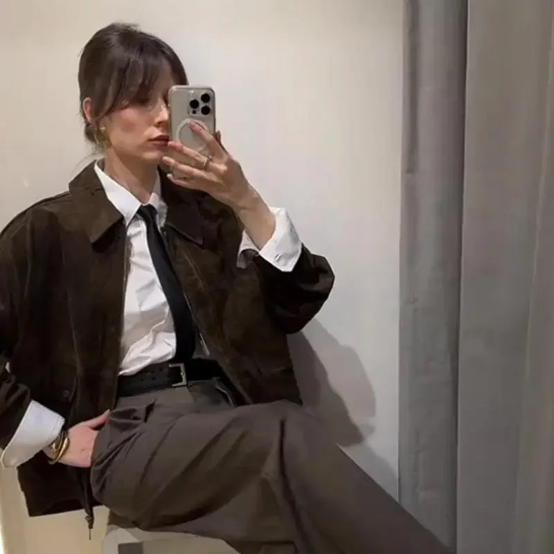 Green Suede Bomber Jacket for Women