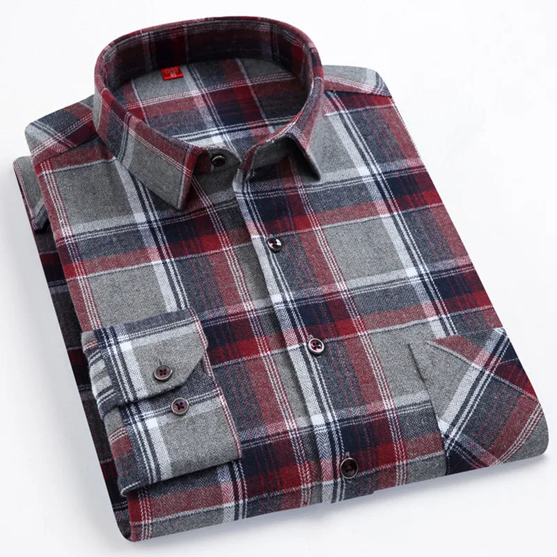 Men's Cotton Plaid Shirt – Long Sleeve, Casual Fit, Available in Plus Sizes