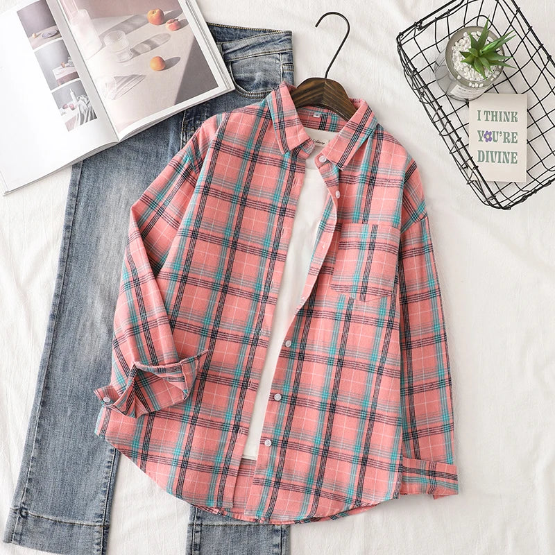 Women's Long Sleeve Checked Blouse
