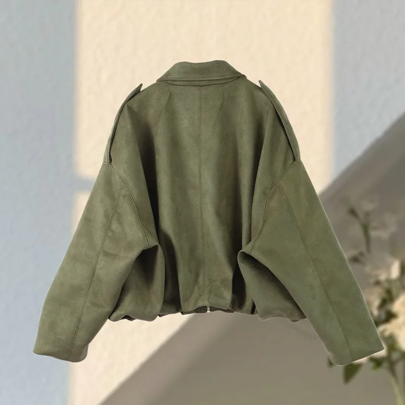 Green Suede Bomber Jacket for Women