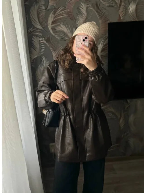 Women's Faux Leather Jacket with Adjustable Waist