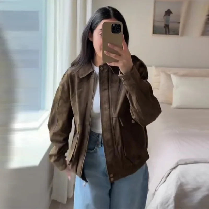 Green Suede Bomber Jacket for Women