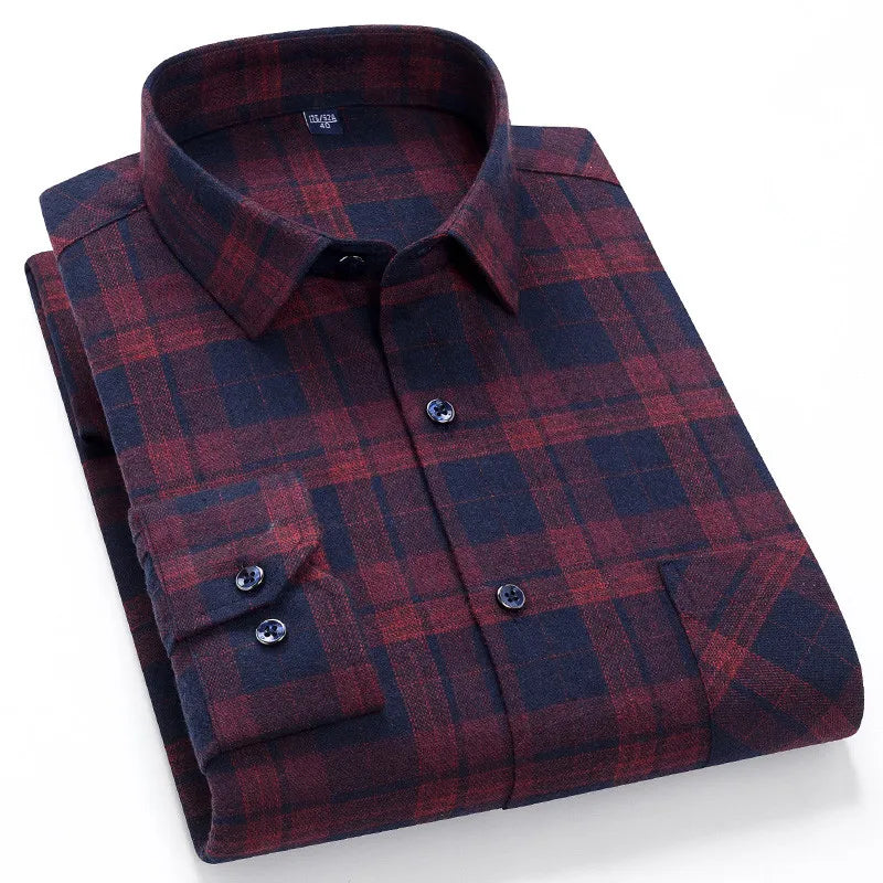 Men's Cotton Plaid Shirt – Long Sleeve, Casual Fit, Available in Plus Sizes