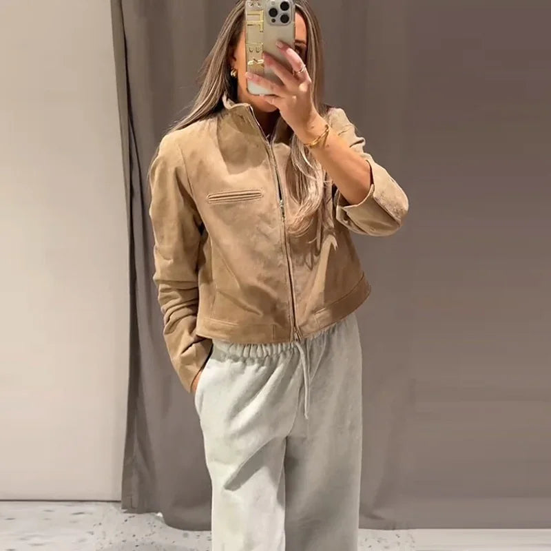 Green Suede Bomber Jacket for Women