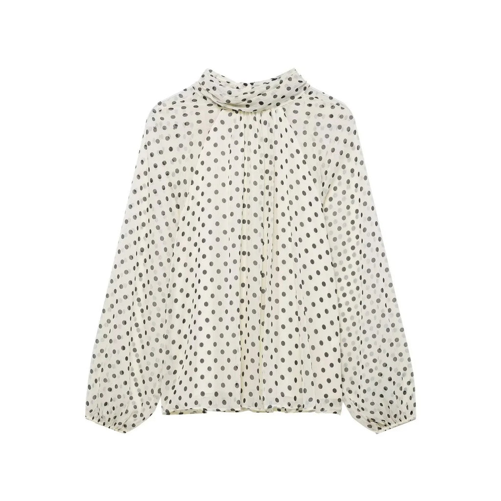 Women's Polka Dot Blouse – Long Sleeve Bow-Tie Neck Elegant Shirt