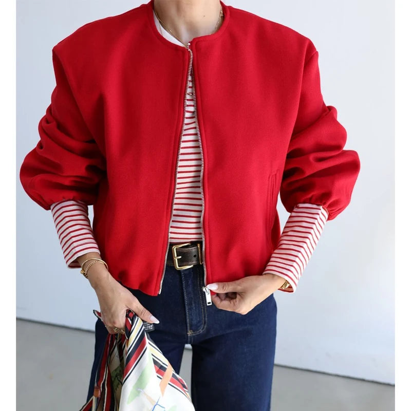 Women's Cropped Bomber Jacket – Zip-Up Long Sleeve Casual Outerwear
