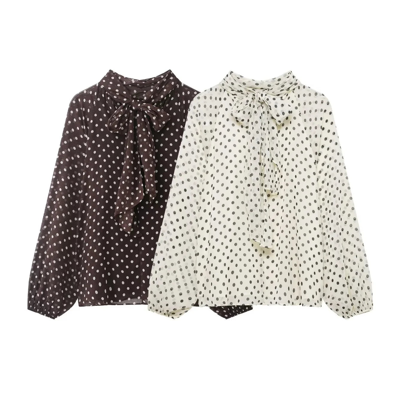 Women's Polka Dot Blouse – Long Sleeve Bow-Tie Neck Elegant Shirt