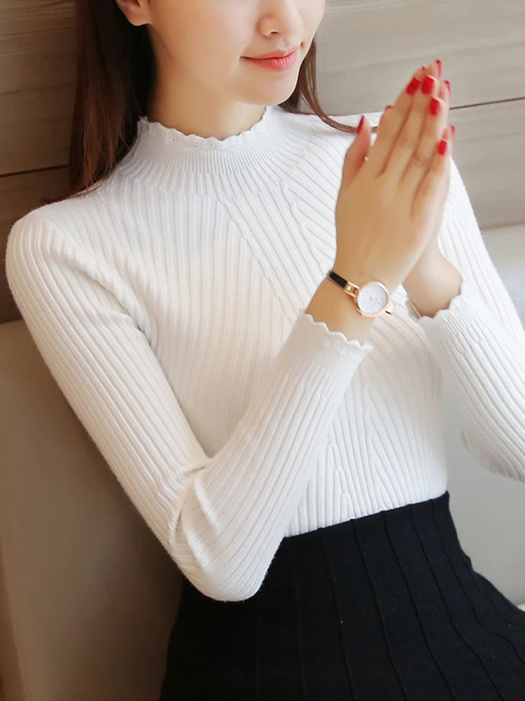 Women's Mock Neck Knit Sweater – Ruffle Detail, Long Sleeve Casual Pullover