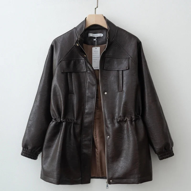 Women's Faux Leather Jacket with Adjustable Waist