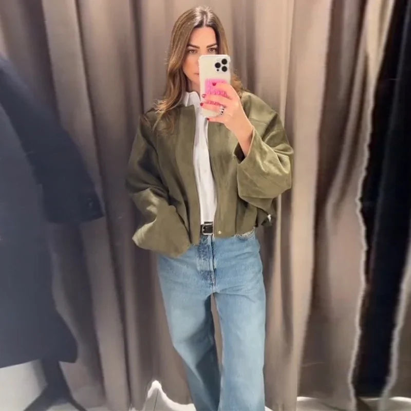 Green Suede Bomber Jacket for Women