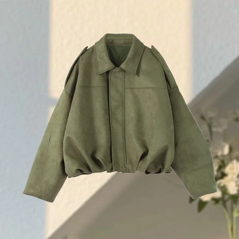 Green Suede Bomber Jacket for Women