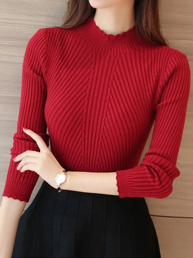 Women's Mock Neck Knit Sweater – Ruffle Detail, Long Sleeve Casual Pullover