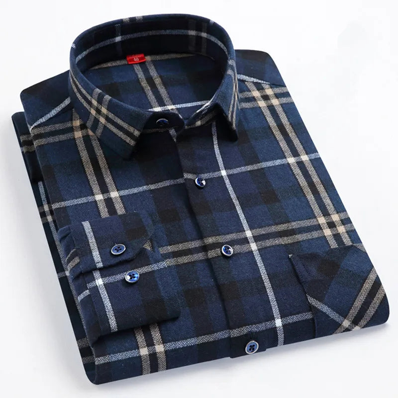 Men's Cotton Plaid Shirt – Long Sleeve, Casual Fit, Available in Plus Sizes