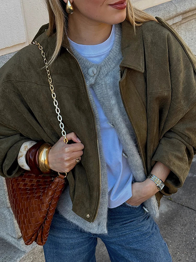 Green Suede Bomber Jacket for Women