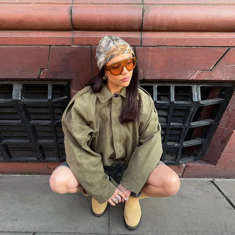 Green Suede Bomber Jacket for Women
