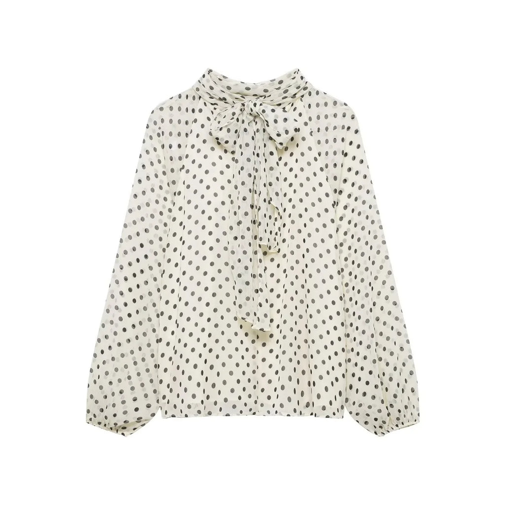 Women's Polka Dot Blouse – Long Sleeve Bow-Tie Neck Elegant Shirt