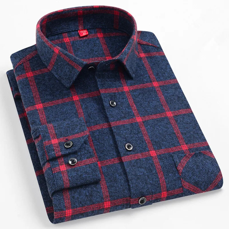 Men's Cotton Plaid Shirt – Long Sleeve, Casual Fit, Available in Plus Sizes