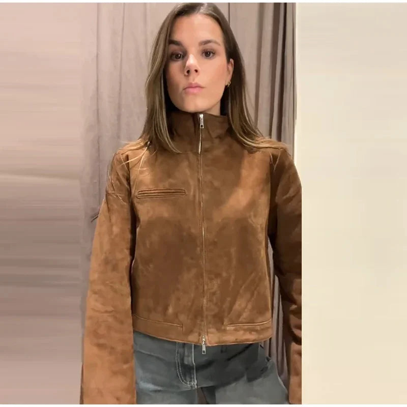 Green Suede Bomber Jacket for Women