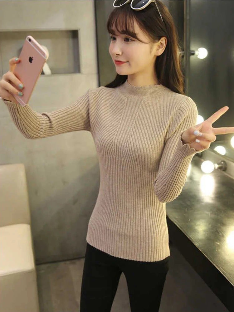 Women's Mock Neck Knit Sweater – Ruffle Detail, Long Sleeve Casual Pullover