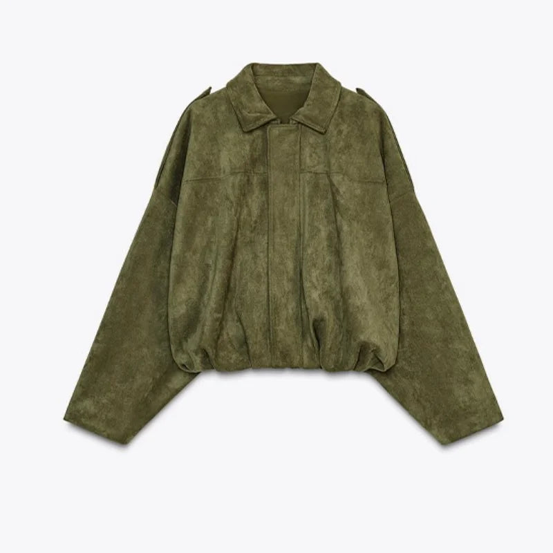Green Suede Bomber Jacket for Women