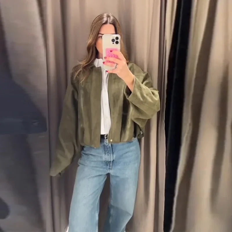 Green Suede Bomber Jacket for Women
