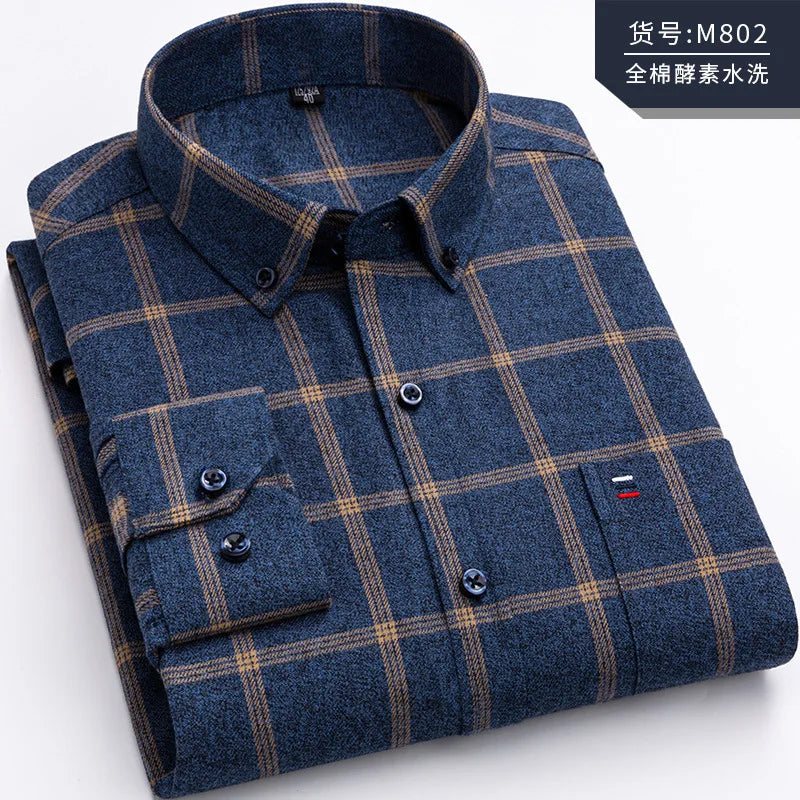 Men's Cotton Plaid Shirt – Long Sleeve, Casual Fit, Available in Plus Sizes