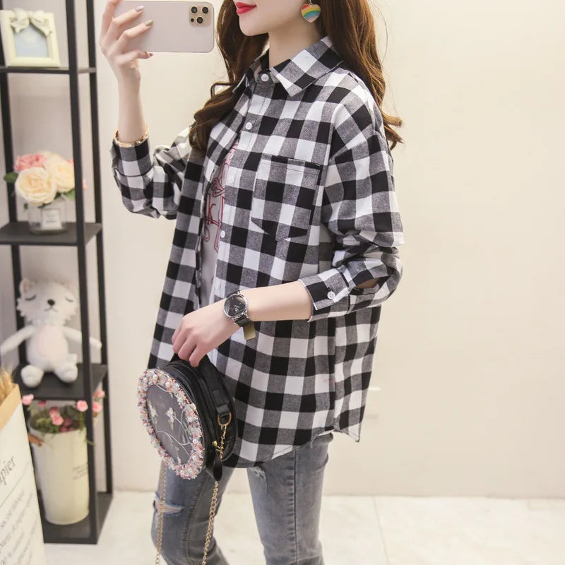Women's Long Sleeve Checked Blouse
