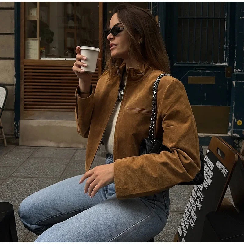 Green Suede Bomber Jacket for Women