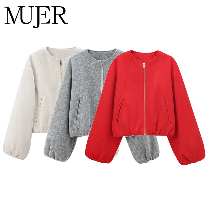 Women's Cropped Bomber Jacket – Zip-Up Long Sleeve Casual Outerwear