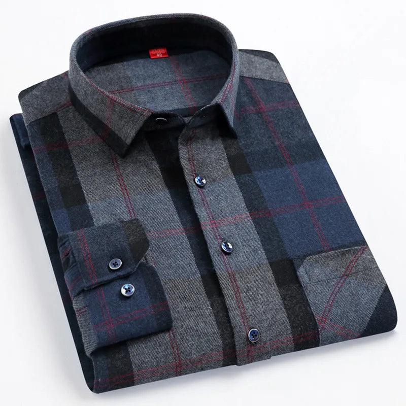 Men's Cotton Plaid Shirt – Long Sleeve, Casual Fit, Available in Plus Sizes