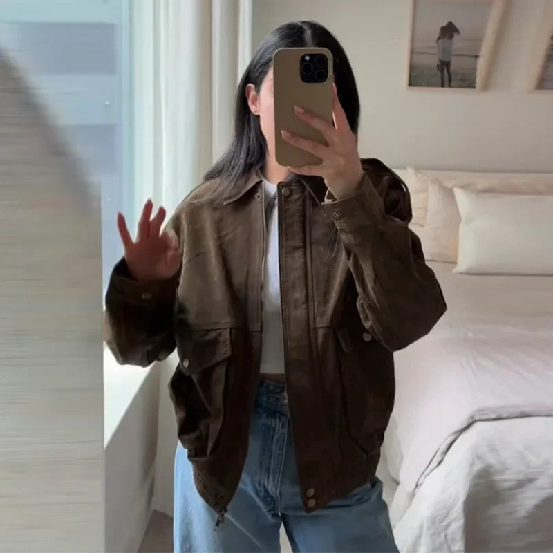 Green Suede Bomber Jacket for Women
