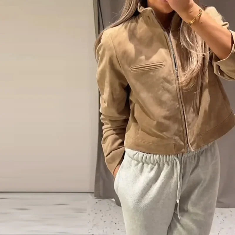 Green Suede Bomber Jacket for Women