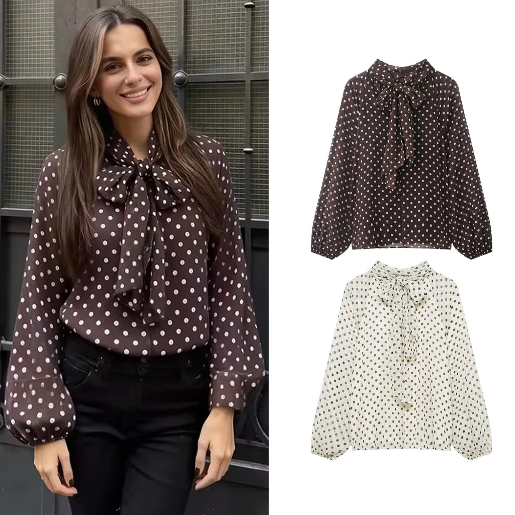 Women's Polka Dot Blouse – Long Sleeve Bow-Tie Neck Elegant Shirt