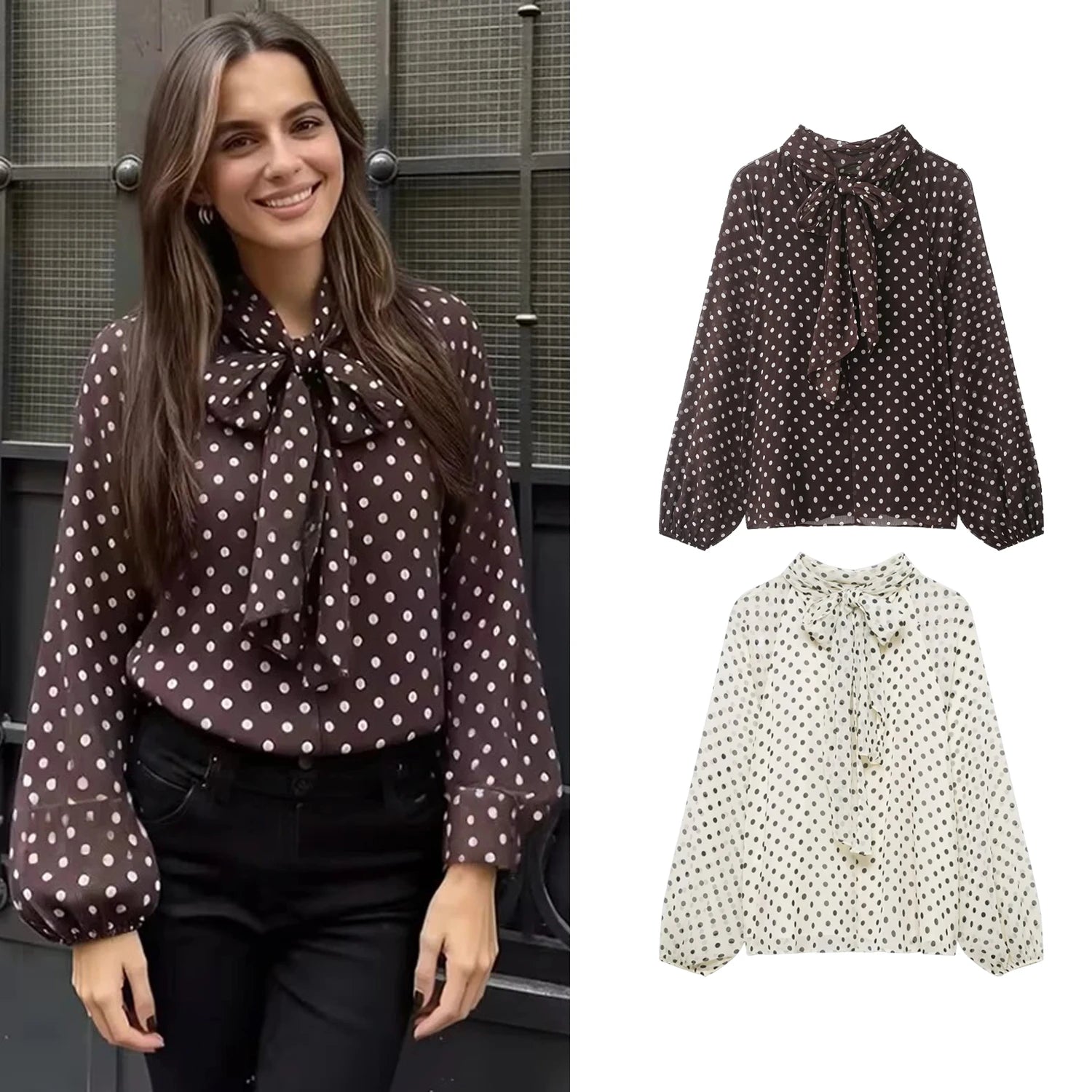 Women's Polka Dot Blouse – Long Sleeve Bow-Tie Neck Elegant Shirt