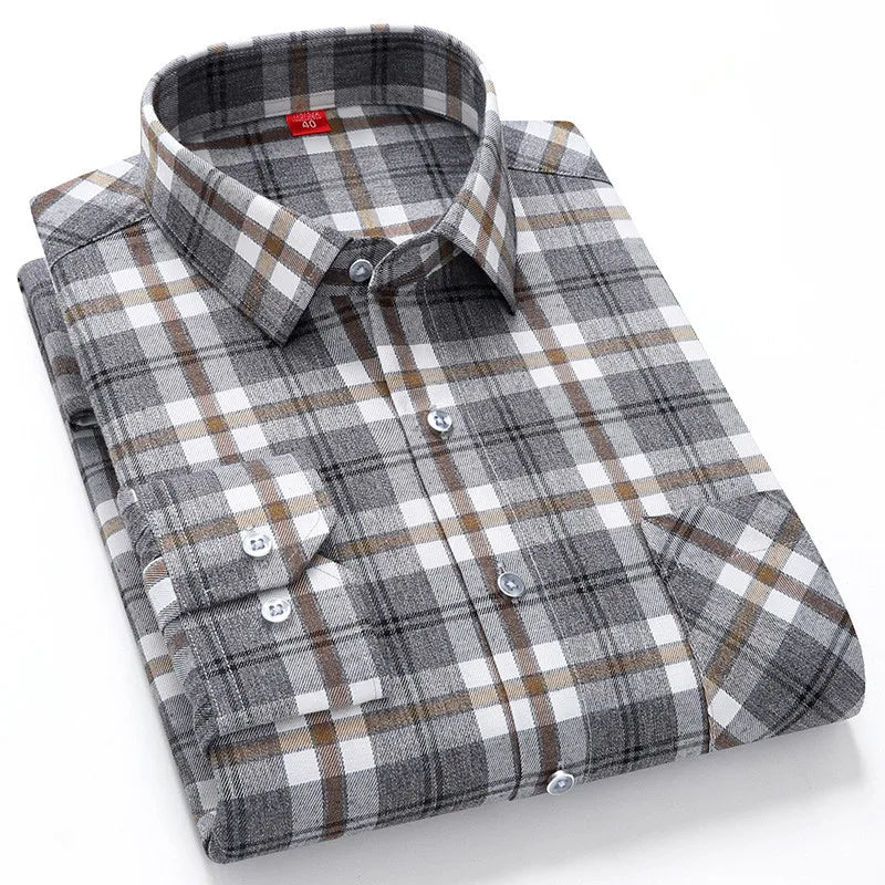 Men's Cotton Plaid Shirt – Long Sleeve, Casual Fit, Available in Plus Sizes