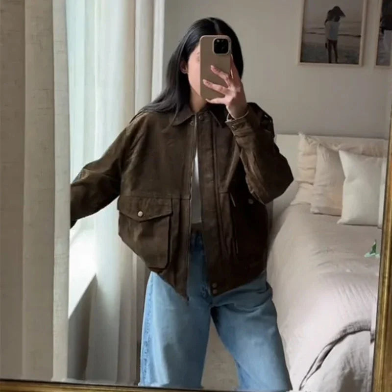 Green Suede Bomber Jacket for Women
