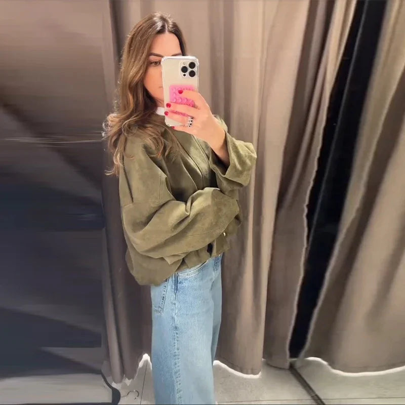 Green Suede Bomber Jacket for Women